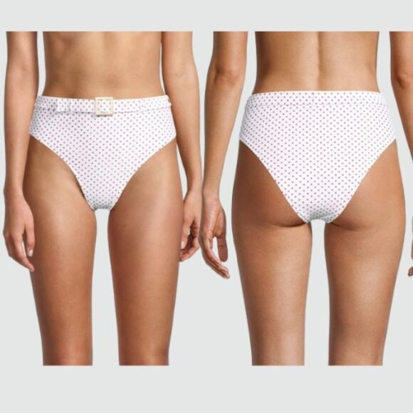 White Bikini Bottom Small Belted High Cut Swim Pink Micro Polka Dot Cheeky Retro - Picture 1 of 12